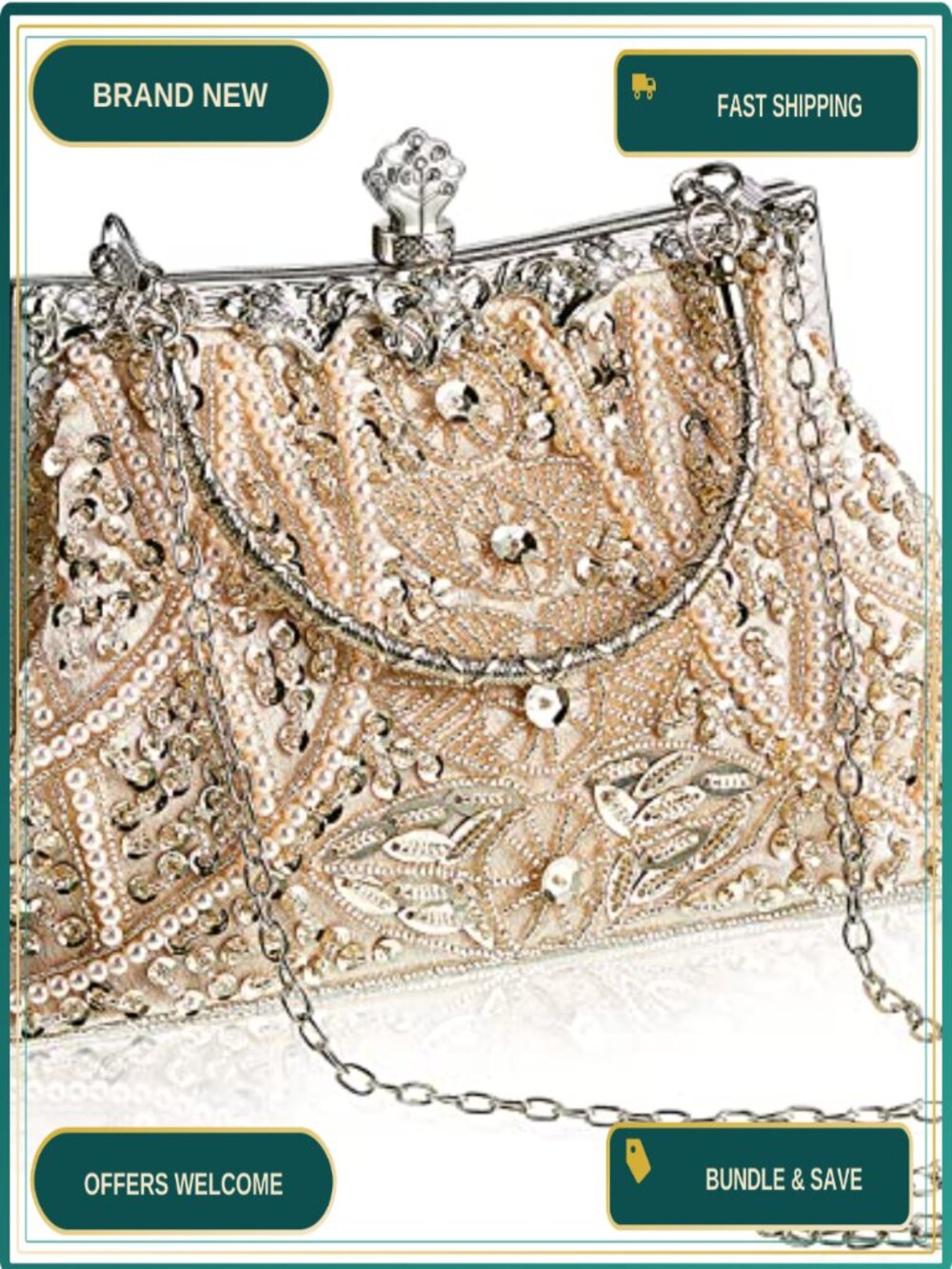 Vintage Beaded Clutch with Beads, Sequins, Rhinestones for Wedding Party